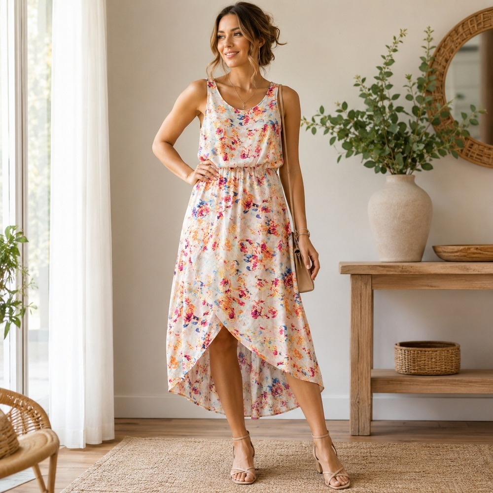 Metaphor Sleeveless Abstract Floral Maxi Dress XL Faux Wrap Tulip Hem Multicolor